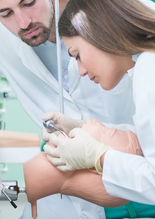 Two dentists training with smile model