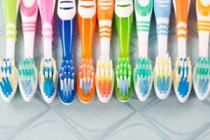 Eleven toothbrushes lined up